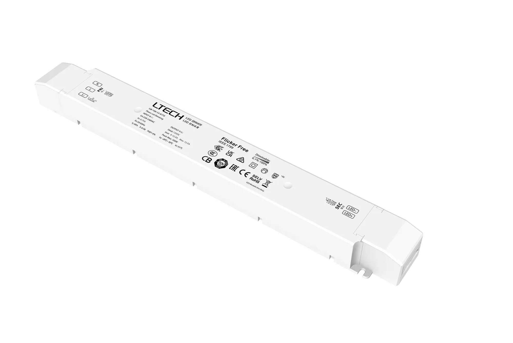 Leading edge (Triac), Trailing edge (ELV) Phase-cut and Push DIM/CCT, 0-100% Dim, Constant Voltage 150W, 12Vdc 12.5A, 200-240Vac, IP20, 5yrs Warranty. LM-150-12-G1T2  LTECH Constant Voltage